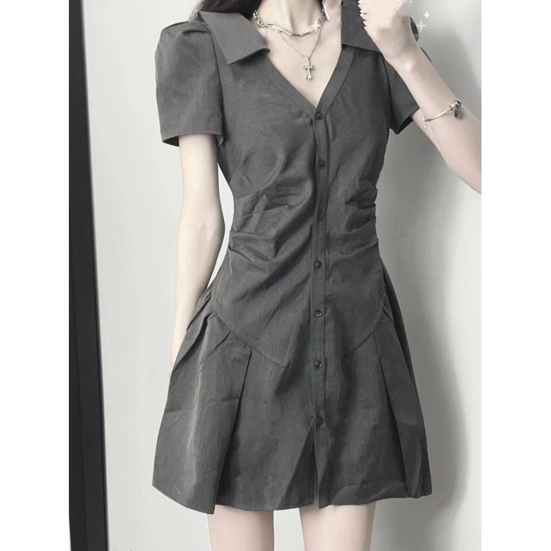 New Summer College Style Pure Spice Girl Small Tight Waist Slimming Pleated Long Sleeve Shirt Dress V-Neck dress Gray [short sleeves] 