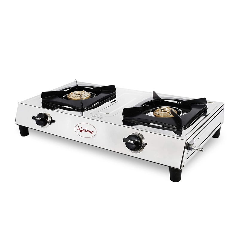 Lifelong 2 Burner Gas Stove Top for Kitchen - Manual Ignition Cooktop with Stainless Steel for Kitchen, ISI Certified & Compatible with LPG - 1 Year Manufacturer's (Silver, LLGS990) - Image 3