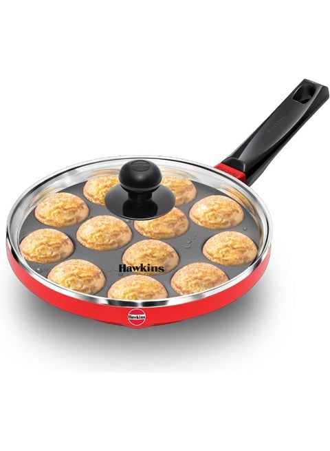 26 cm NonStick Appe Pan with 12 cups x 25ml,  Outer Ceramic Coating, With Glass Lid (NAPE22G), Red