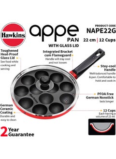 Hawkins 22 cm Appe Pan, Non Stick Paniyaram Pan with Glass Lid, 12 Cups Paniyarakkal Ceramic Pan, Litti Pan, Kuzhi Paniyaram Pan, Ponganalu Pan, Red - pzsku/Z8A4DDC234C4F77FB4D85Z/45/_/1739211900/5859cf95-1dea-46b5-be6d-3bdcb1847a84