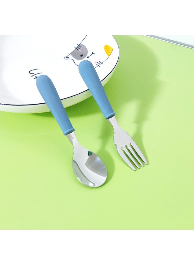 Silicone Children's Fork Spoon Suit Short Handle 304 Stainless Steel Tableware Portable Fork Spoon Two-piece Dessert Spoon Cake Spoon-Specifications:Gray Blue - Image 1