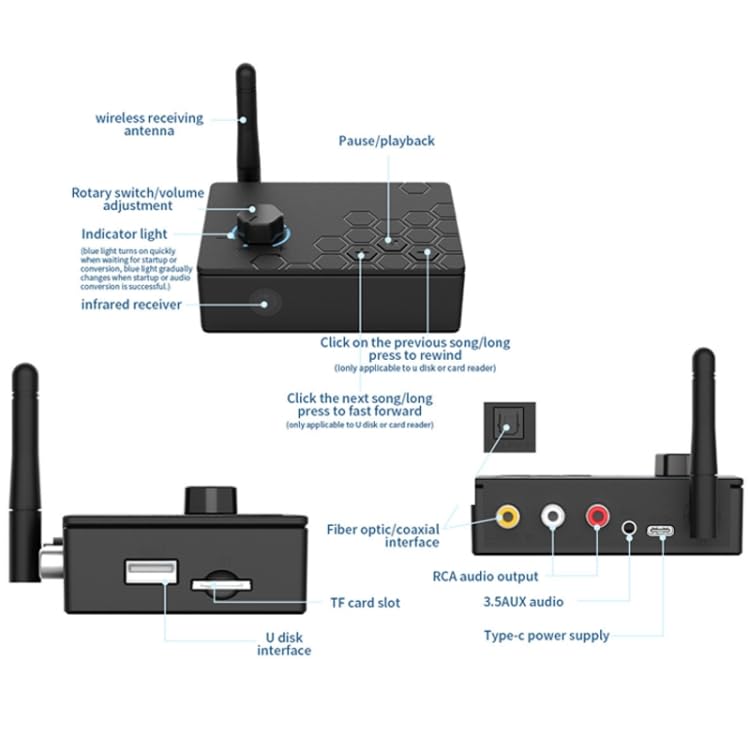 MICROWARE Bluetooth 5.4 Audio Wireless Music Receiver aptx HD High Fidelity Fiber Coaxial Digital Analog Converter for Car - Image 5