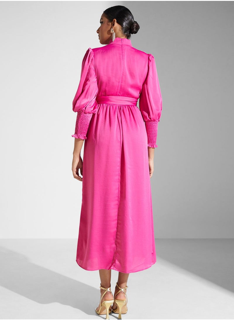 Shirred Cuff Detail A-Line Dress