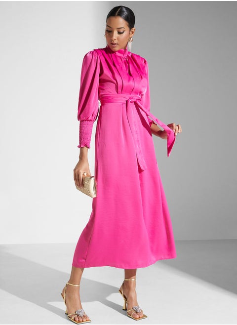 Shirred Cuff Detail A-Line Dress