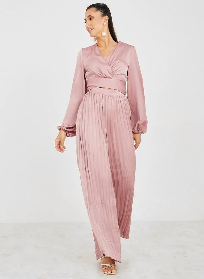 Styli Satin Pleated Wide Leg Jumpsuit with Cut Out Detail