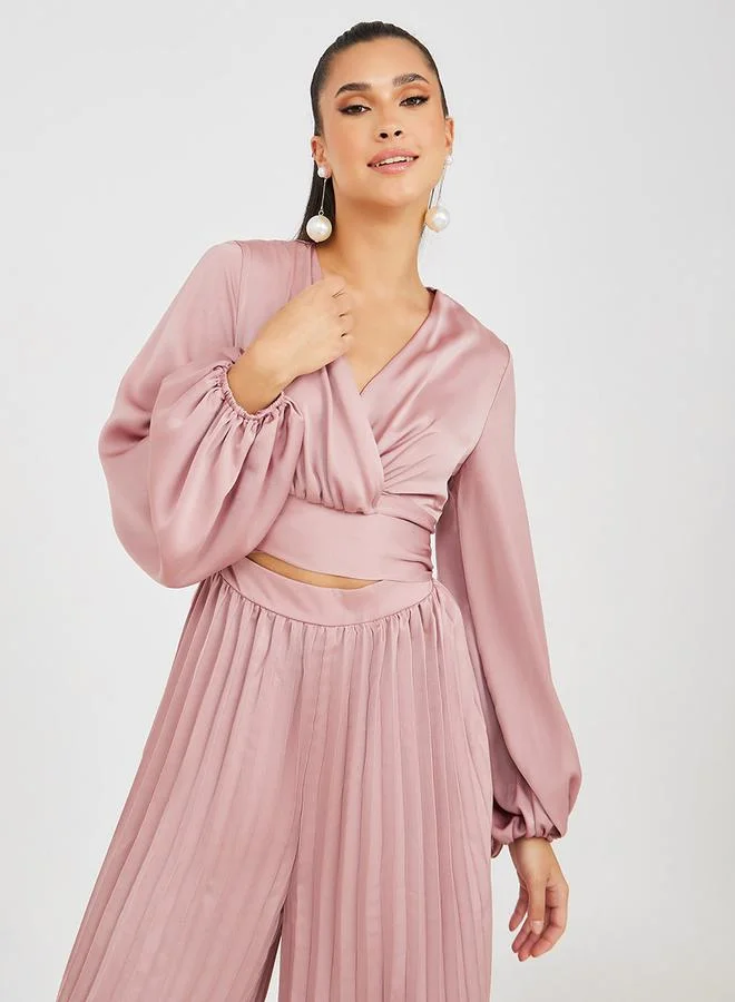 Styli Satin Pleated Wide Leg Jumpsuit with Cut Out Detail