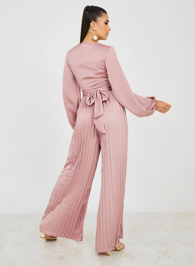 Styli Satin Pleated Wide Leg Jumpsuit with Cut Out Detail