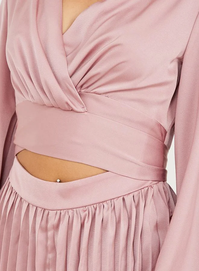 Styli Satin Pleated Wide Leg Jumpsuit with Cut Out Detail