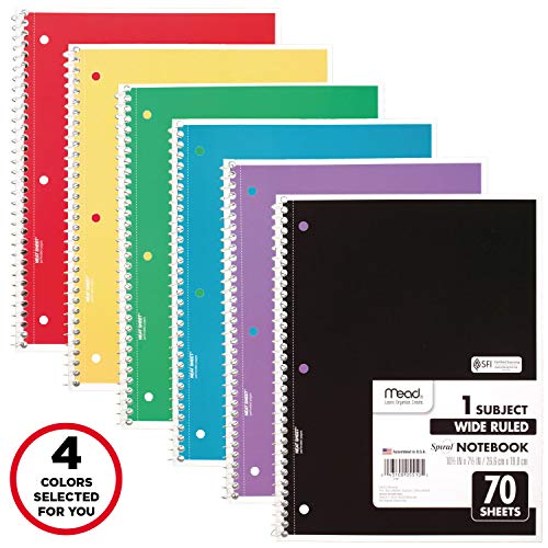 Mead Spiral Notebook, 4 Pack, 1 Subject, Wide Ruled Paper, 7-1/2" x 10-1/2", 70 Sheets per Notebook, Colors Will Vary (930200-ECM25) - Image 2