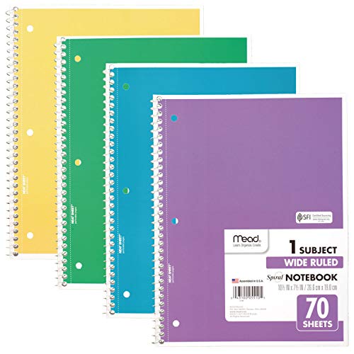 Mead Spiral Notebook, 4 Pack, 1 Subject, Wide Ruled Paper, 7-1/2" x 10-1/2", 70 Sheets per Notebook, Colors Will Vary (930200-ECM25) - Image 1