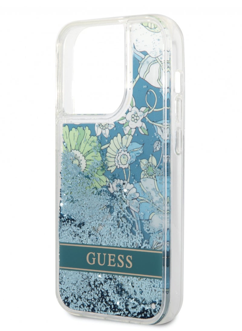 GUESS Liquid Glitter Case with Flower Pattern Extra Shine Smooth Touch Feel iPhone 14 Pro Compatibility - Green - Image 4