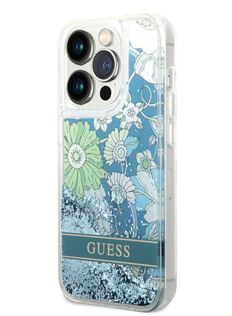 GUESS Liquid Glitter Case with Flower Pattern Extra Shine Smooth Touch Feel iPhone 14 Pro Compatibility - Green - Image 2