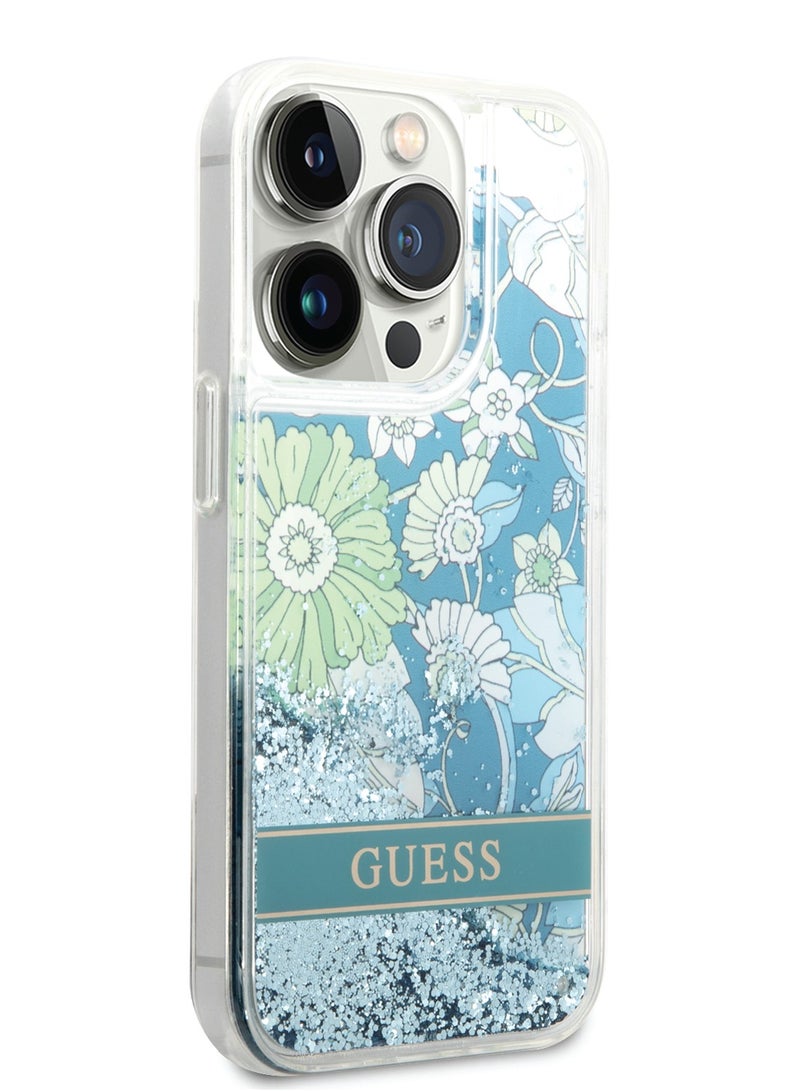 GUESS Liquid Glitter Case with Flower Pattern Extra Shine Smooth Touch Feel iPhone 14 Pro Compatibility - Green - Image 3