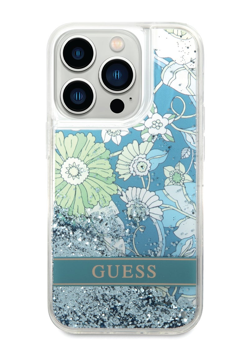 GUESS Liquid Glitter Case with Flower Pattern Extra Shine Smooth Touch Feel iPhone 14 Pro Compatibility - Green - Image 1