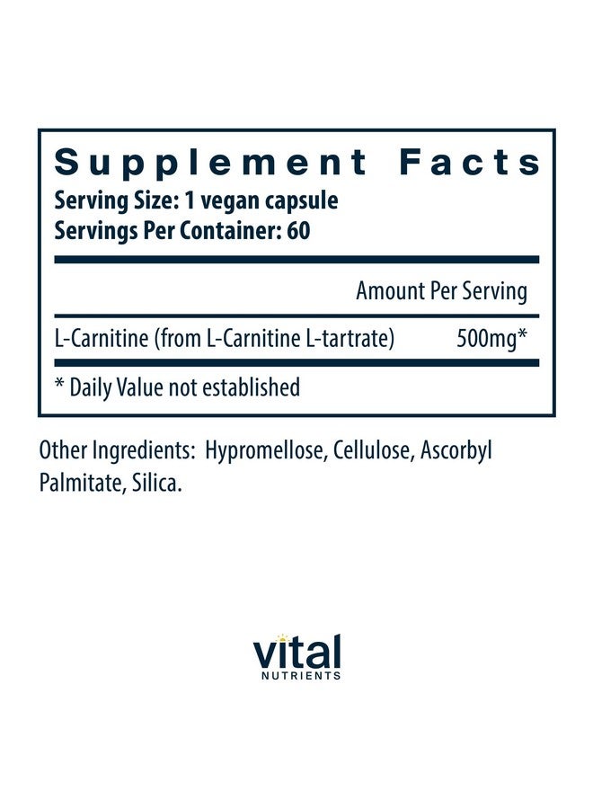 Vital Nutrients Carnitine 500mg | L-Carnitine Supplement for Heart Health Support | Vegan Energy Support Supplement | Gluten, Dairy, Soy Free | Non-GMO | 60 Capsules - Image 2
