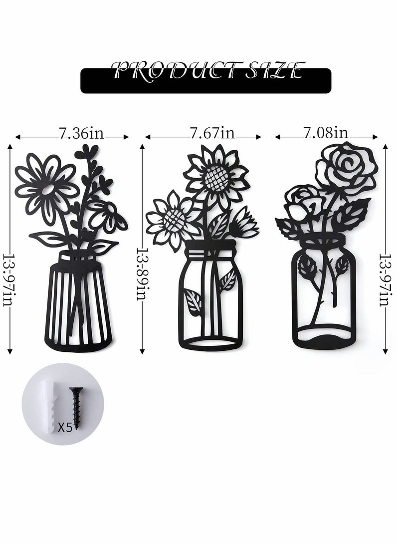 SYOSI Metal Flowers, Wall Decor, Minimalism, Wall Art Decor, Wall Art, Black Flower Iron Decor, Metal Wall Sculpture, for Patio Balcony Bathroom Decor, Wall Art Bathroom Decor Set of 3  - Image 2