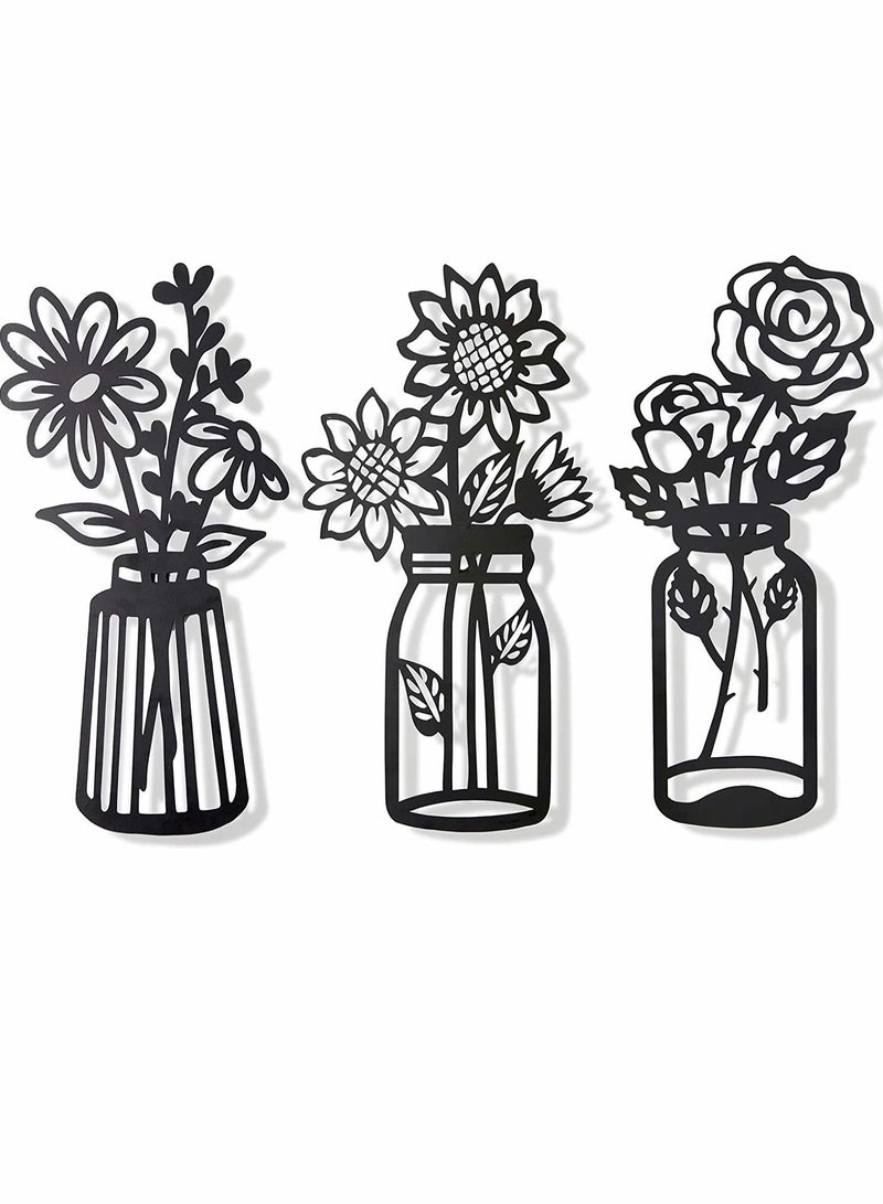 SYOSI Metal Flowers, Wall Decor, Minimalism, Wall Art Decor, Wall Art, Black Flower Iron Decor, Metal Wall Sculpture, for Patio Balcony Bathroom Decor, Wall Art Bathroom Decor Set of 3  - Image 1