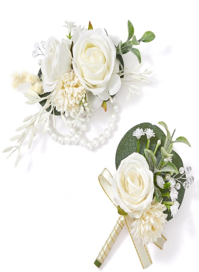 سيروالين طقم زهور سيروالين الأبيض للصدر والبدلة، بدلة رجالية وسوار معصم، إكسسوارات زهور لحفلات التخرج والزفاف، زينة بدلات الحفلات - Image 1