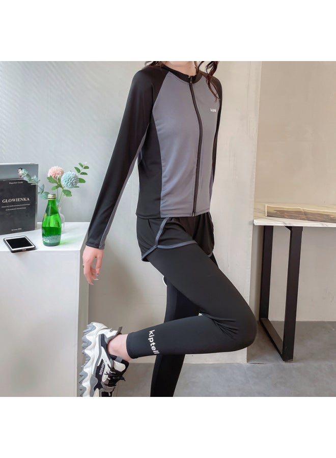 Loquat Children's Swimwear Boys' Swimwear Girls' Long-sleeved Sunscreen Swimwear Parent-child Quick-dry Baby Surf Suit-Color:Adult Gray Three-piece Set- - Image 1