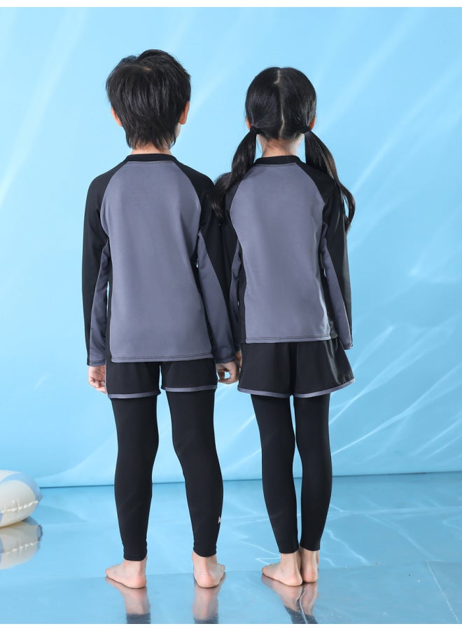 Loquat Children's Swimwear Boys' Swimwear Girls' Long-sleeved Sunscreen Swimwear Parent-child Quick-dry Baby Surf Suit-Color:Adult Gray Three-piece Set- - Image 3