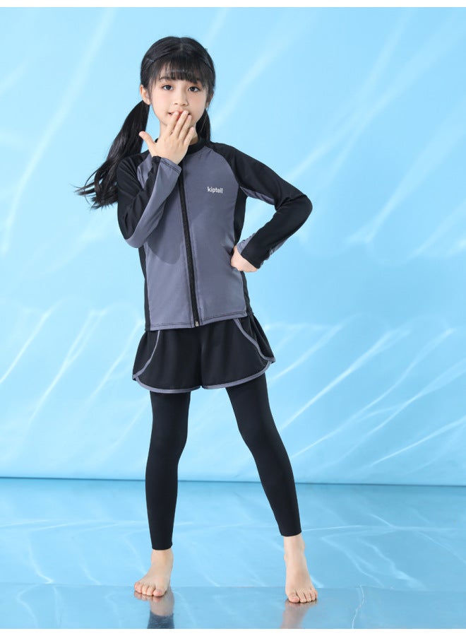 Loquat Children's Swimwear Boys' Swimwear Girls' Long-sleeved Sunscreen Swimwear Parent-child Quick-dry Baby Surf Suit-Color:Adult Gray Three-piece Set- - Image 4