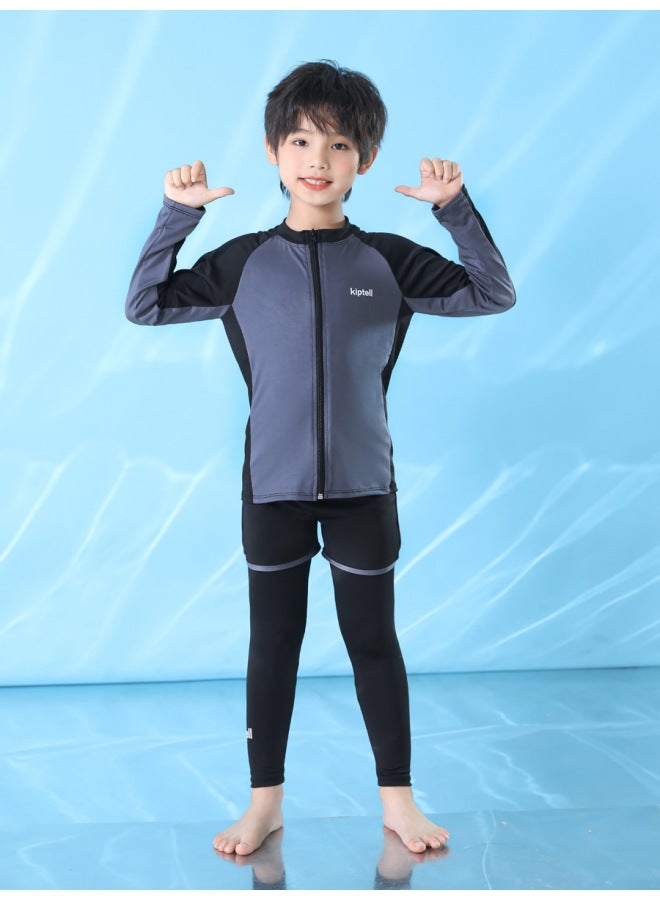 Loquat Children's Swimwear Boys' Swimwear Girls' Long-sleeved Sunscreen Swimwear Parent-child Quick-dry Baby Surf Suit-Color:Adult Gray Three-piece Set- - Image 5