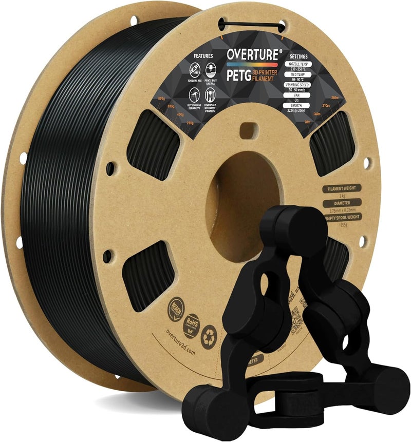 OVERTURE PETG 3D Printer Filament 1.75mm, Neatly Wound Durable PETG 1kg Spool (2.2lbs), Strong Toughness Filament, Dimensional Accuracy +/- 0.02mm, Fit Most FDM Printers (Black (1-Pack)) - Image 1