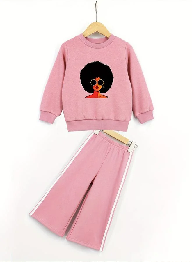 Take Two Girls Pink Graphic Print Fleece Sweatshirt with Pants Set