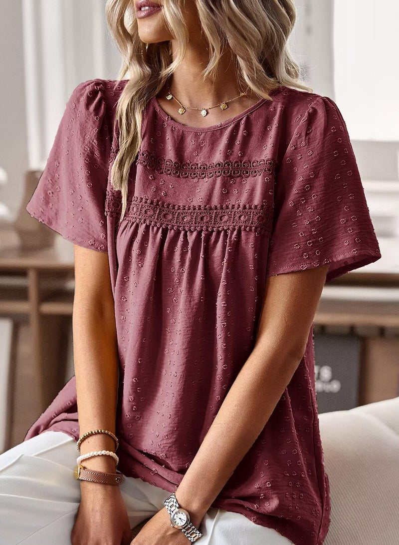 Falechay Babydoll Mulberry Tops for Women Swiss Dots Cute Pom Pom Chiffon Floral Blouse Lace Boho Round Neck Short Sleeve M - Image 2
