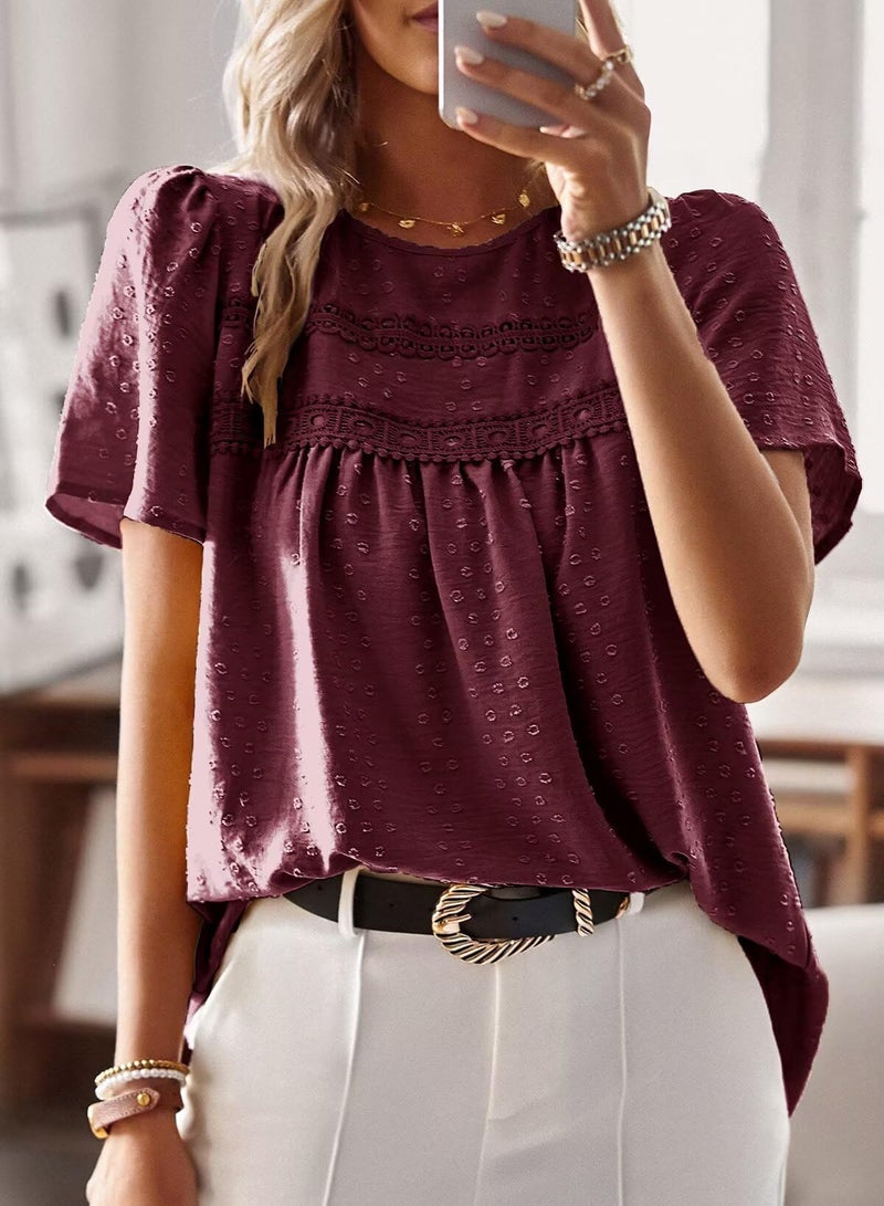 Falechay Babydoll Mulberry Tops for Women Swiss Dots Cute Pom Pom Chiffon Floral Blouse Lace Boho Round Neck Short Sleeve M - Image 4