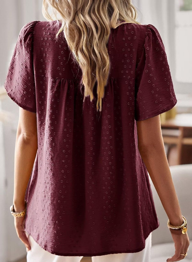 Falechay Babydoll Mulberry Tops for Women Swiss Dots Cute Pom Pom Chiffon Floral Blouse Lace Boho Round Neck Short Sleeve M - Image 3