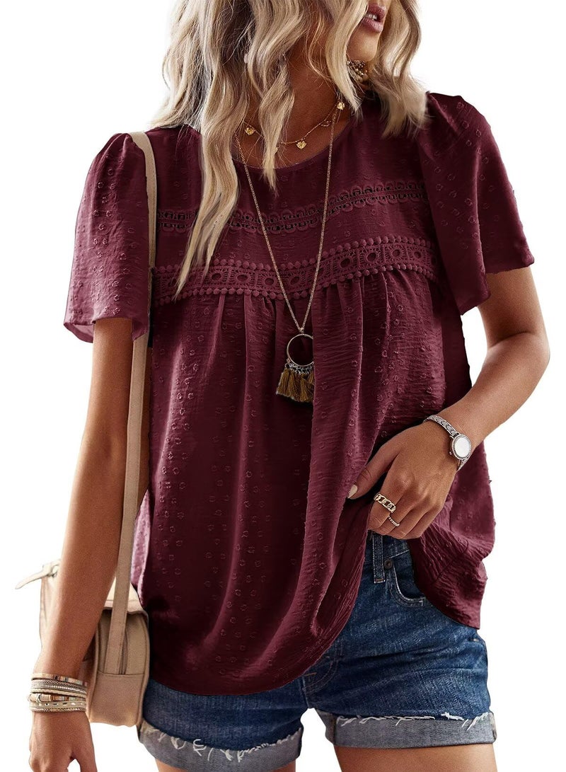 Falechay Babydoll Mulberry Tops for Women Swiss Dots Cute Pom Pom Chiffon Floral Blouse Lace Boho Round Neck Short Sleeve M - Image 1