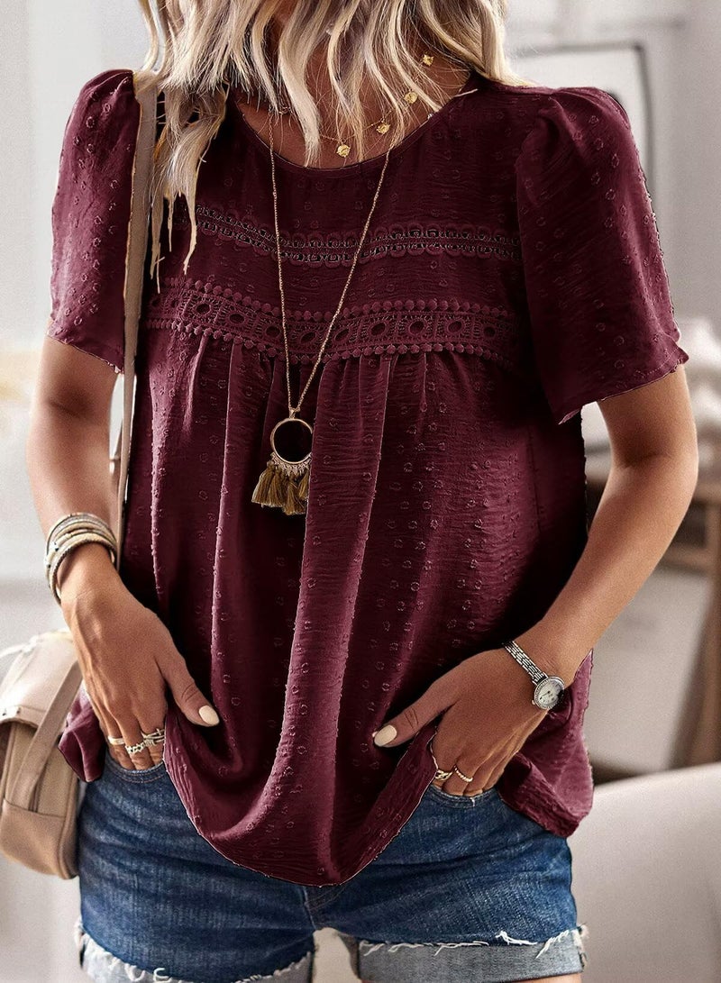 Falechay Babydoll Mulberry Tops for Women Swiss Dots Cute Pom Pom Chiffon Floral Blouse Lace Boho Round Neck Short Sleeve M - Image 5