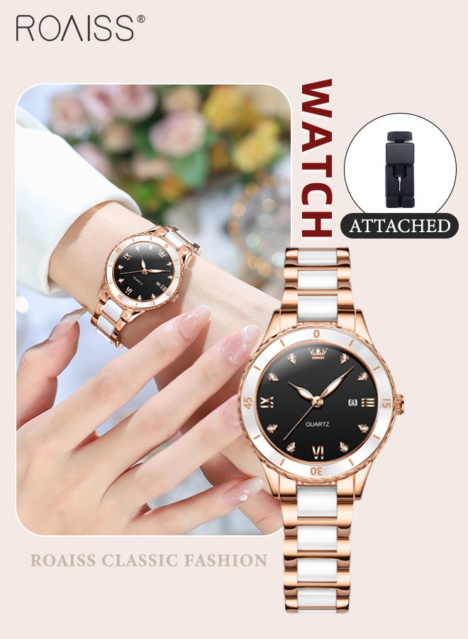 رويس ساعة كوارتز نسائية بحزام من السيراميك والفولاذي بقرص دائري مع عرض التقويم، ساعة يد فاخرة مضيئة مقاومة للماء كهدية للسيدات - Image 1