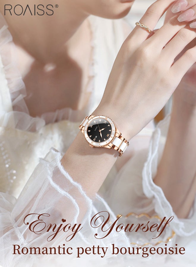 رويس ساعة كوارتز نسائية بحزام من السيراميك والفولاذي بقرص دائري مع عرض التقويم، ساعة يد فاخرة مضيئة مقاومة للماء كهدية للسيدات - Image 2