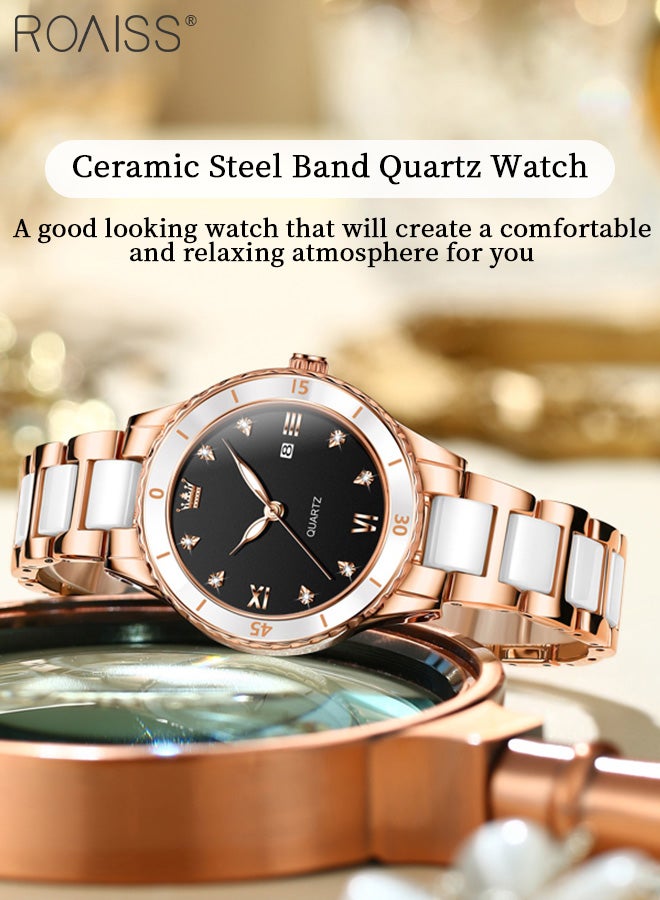 رويس ساعة كوارتز نسائية بحزام من السيراميك والفولاذي بقرص دائري مع عرض التقويم، ساعة يد فاخرة مضيئة مقاومة للماء كهدية للسيدات - Image 3