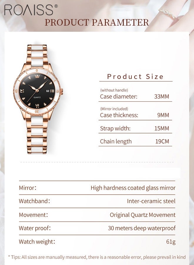 رويس ساعة كوارتز نسائية بحزام من السيراميك والفولاذي بقرص دائري مع عرض التقويم، ساعة يد فاخرة مضيئة مقاومة للماء كهدية للسيدات - Image 4