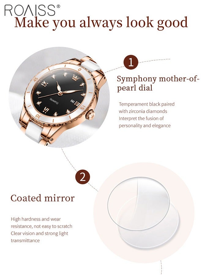 رويس ساعة كوارتز نسائية بحزام من السيراميك والفولاذي بقرص دائري مع عرض التقويم، ساعة يد فاخرة مضيئة مقاومة للماء كهدية للسيدات - Image 5