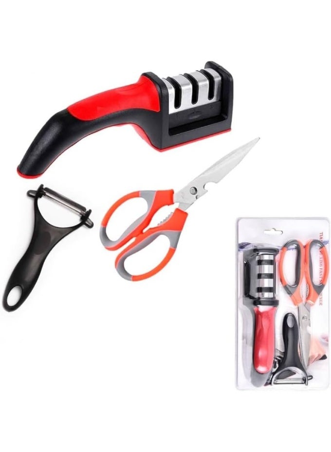 MOMENT مجموعة شحاذ سكاكين MOMENT مع مقص وقشارة، مجموعة أدوات مطبخ مكونة من 3 قطع، قاعدة مطاطية غير قابلة للانزلاق، أداة شحذ بثلاث مراحل لجميع أنواع سكاكين السيراميك والفولاذ، أحمر وأسود - Image 1