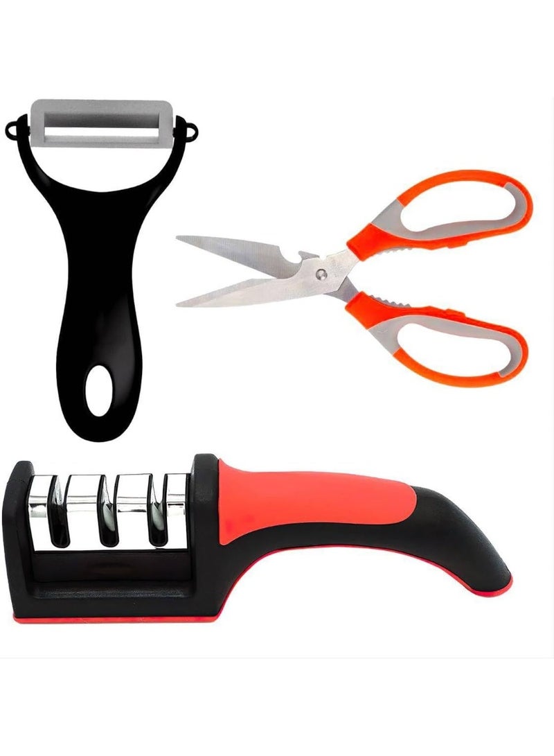 MOMENT مجموعة شحاذ سكاكين MOMENT مع مقص وقشارة، مجموعة أدوات مطبخ مكونة من 3 قطع، قاعدة مطاطية غير قابلة للانزلاق، أداة شحذ بثلاث مراحل لجميع أنواع سكاكين السيراميك والفولاذ، أحمر وأسود - Image 3