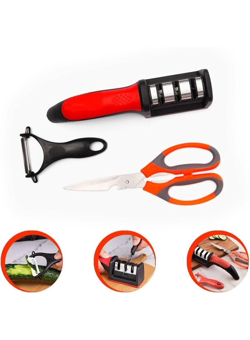 MOMENT مجموعة شحاذ سكاكين MOMENT مع مقص وقشارة، مجموعة أدوات مطبخ مكونة من 3 قطع، قاعدة مطاطية غير قابلة للانزلاق، أداة شحذ بثلاث مراحل لجميع أنواع سكاكين السيراميك والفولاذ، أحمر وأسود - Image 4