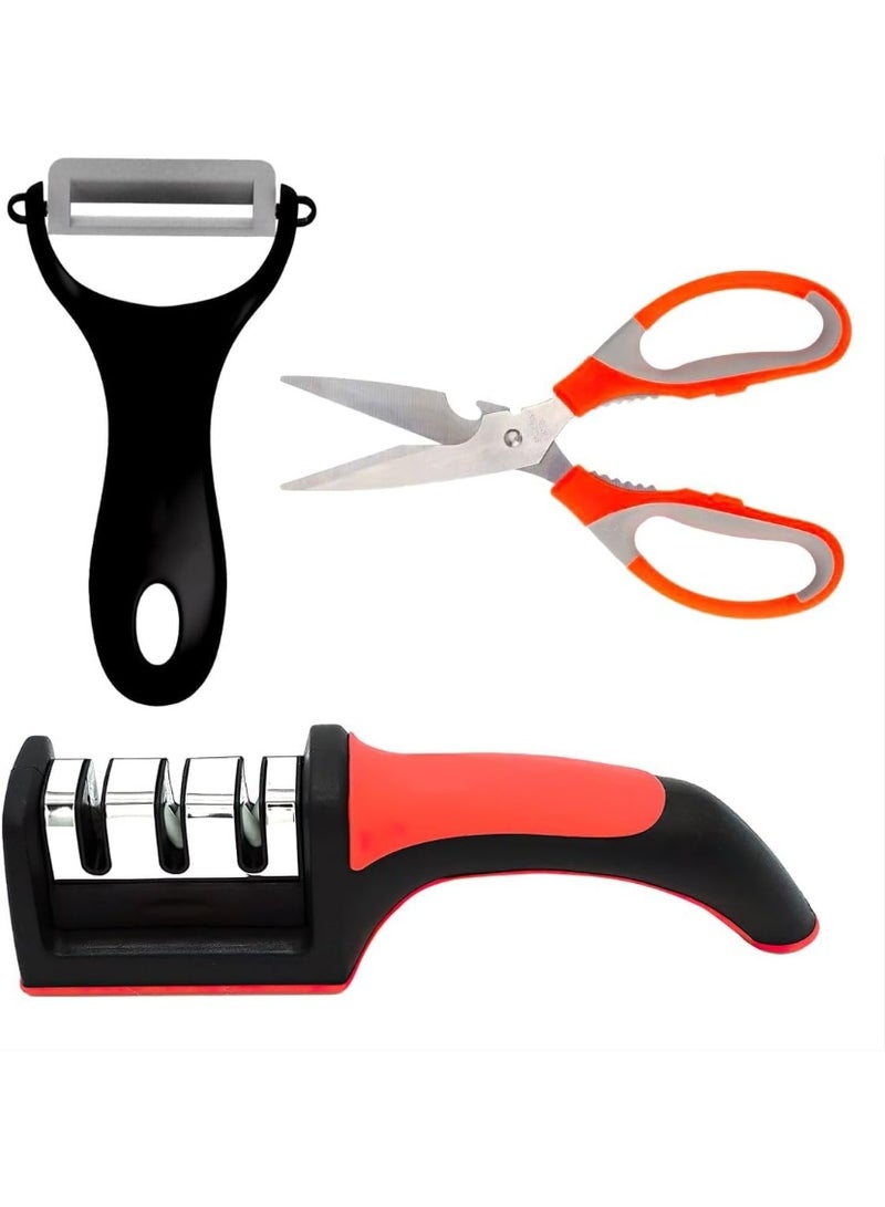 MOMENT Kitchen Knife Sharpener Set with Scissors and Peeler, 3-Piece Kitchen Tool Set, Non-Slip Rubber Base, 3-Stage Sharpening Tool forAll Types of Ceramic Knives and Steel Knives, Red and Black - Image 1