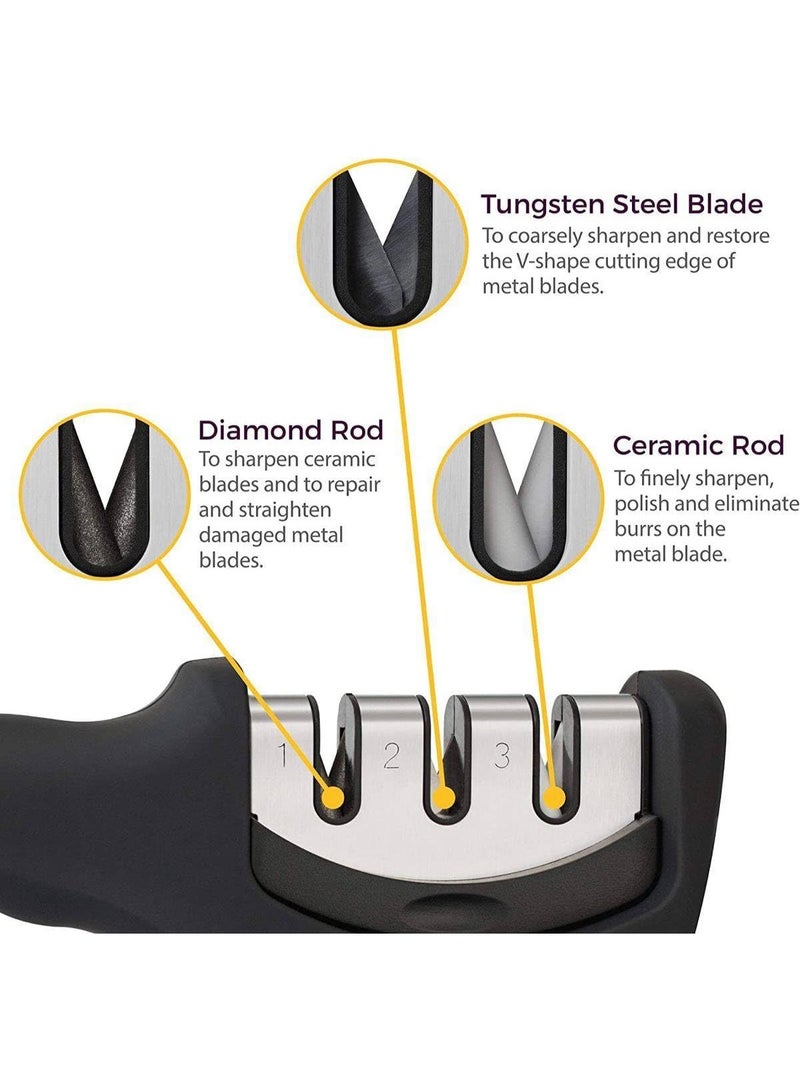 MOMENT Kitchen Knife Sharpener Set with Scissors and Peeler, 3-Piece Kitchen Tool Set, Non-Slip Rubber Base, 3-Stage Sharpening Tool forAll Types of Ceramic Knives and Steel Knives, Red and Black - Image 5