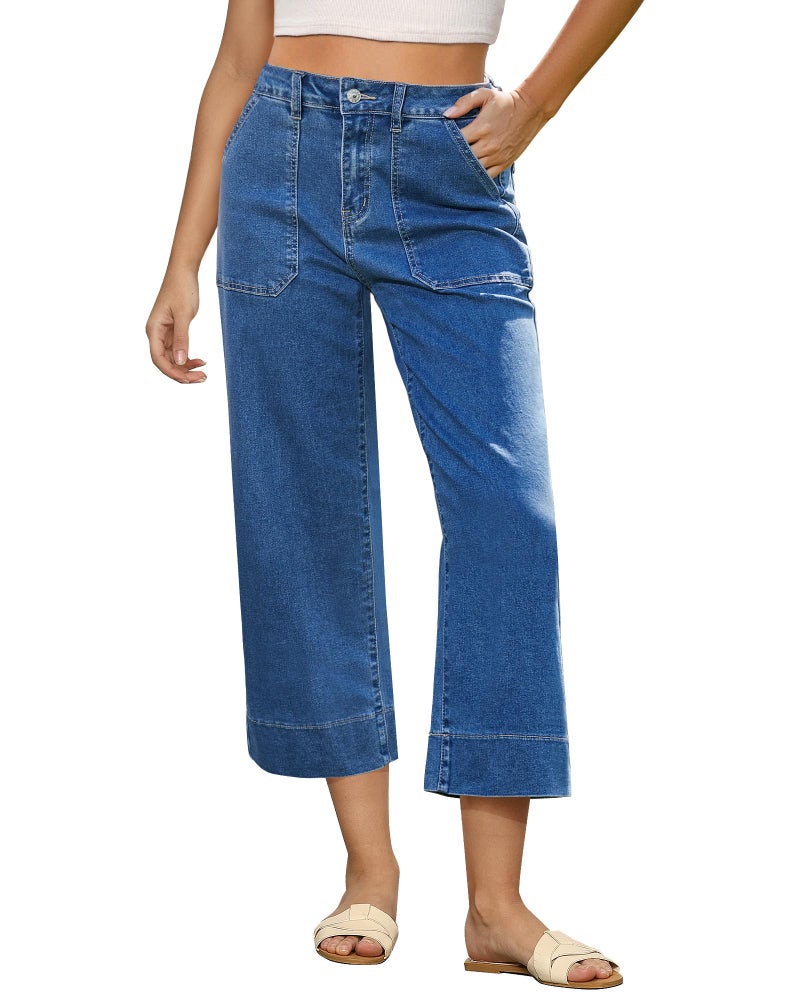 GRAPENT Womens Capris - High Waisted Stretch Jeans for Women - Casual Summer Wide Leg Jeans - Color Classic Blue - Medium Size 8 to 10 - Image 1