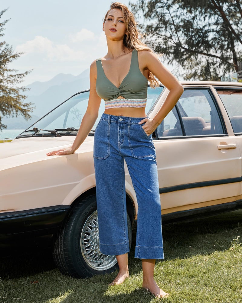 GRAPENT Womens Capris - High Waisted Stretch Jeans for Women - Casual Summer Wide Leg Jeans - Color Classic Blue - Medium Size 8 to 10 - Image 5