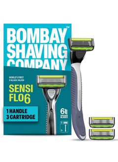 Sensi Flo 6 (Pack Of 2) (1 Razor With 2 Cartridge Refills) | Up To 4 Months Of Shaves |6 Blade Razor For Men Trimmer Blade Skin Guard With Aloe And Vit E Lubricating Strip