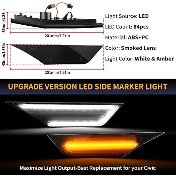 Gempro مصابيح LED جانبية لسيارة هوندا سيفيك الجيل العاشر سيفيك 2016-2021 Switchback باللون الأبيض العنبر المصد الأمامي عاكس إشارة الانعطاف عدسة مدخنة - Image 4