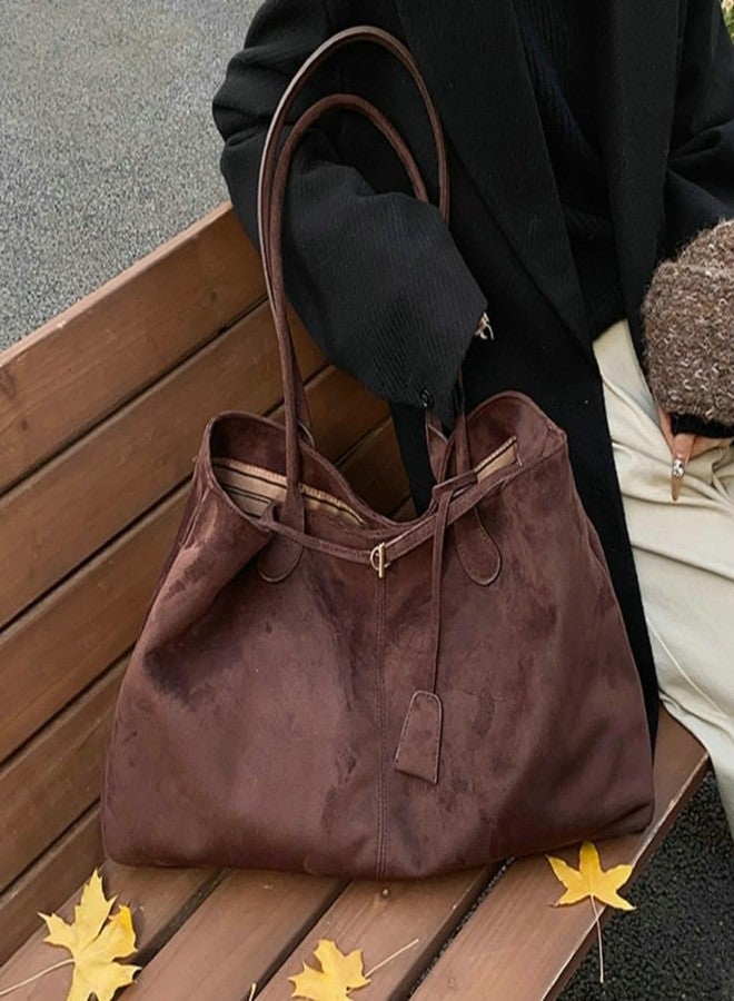 EMGILL Oversized Suede Tote Handbag Elegant Top Handle Purse Fall Winter Satchel Purses for Women Office College Slouchy Hobo Bag, Coffee, Medium - Image 3