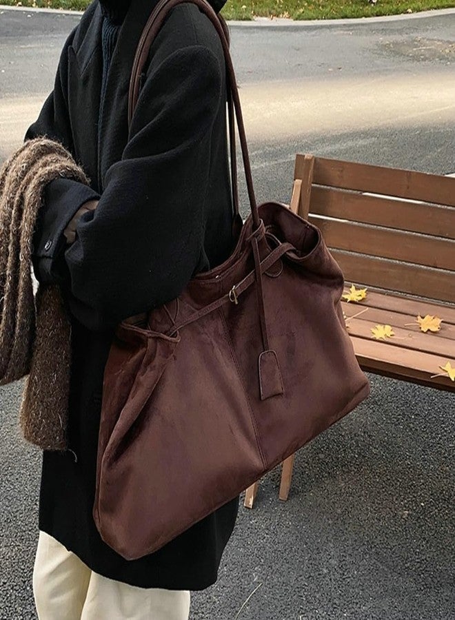 EMGILL Oversized Suede Tote Handbag Elegant Top Handle Purse Fall Winter Satchel Purses for Women Office College Slouchy Hobo Bag, Coffee, Medium - Image 2