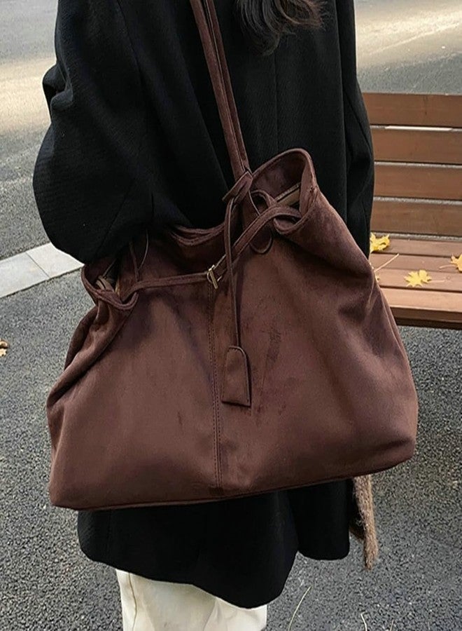 EMGILL Oversized Suede Tote Handbag Elegant Top Handle Purse Fall Winter Satchel Purses for Women Office College Slouchy Hobo Bag, Coffee, Medium - Image 5